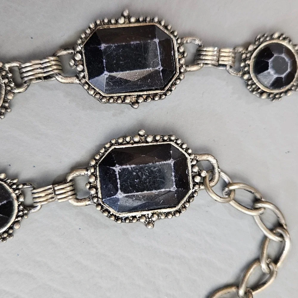 Vintage Style Black Stone Chain Belt Antiqued Silver Tone 
